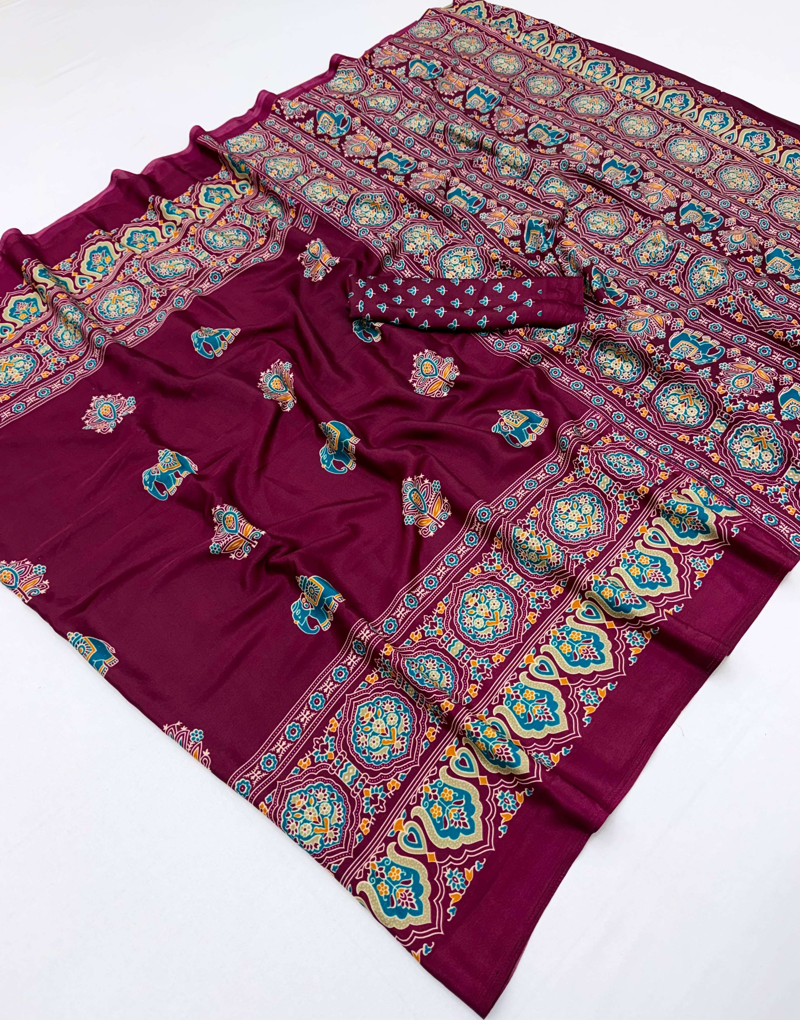 Ajrakh Luxe beautiful and elegant Printed ajrakh satin crepe fabric party wear saree reseller in surat Ajrakh Luxe beautiful and elegant Printed ajrakh satin crepe fabric party wear saree reseller in surat
